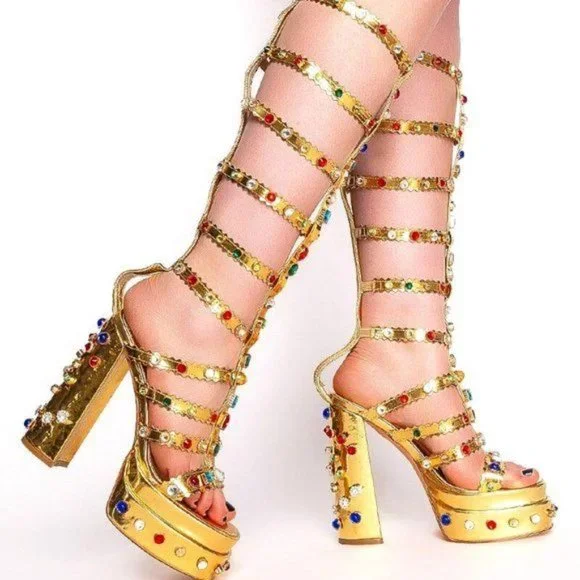 Callie Lives in Egypt Gold Highrise Gladiator Gemstone Platform Chunky Heels 10 - Picture 5 of 5